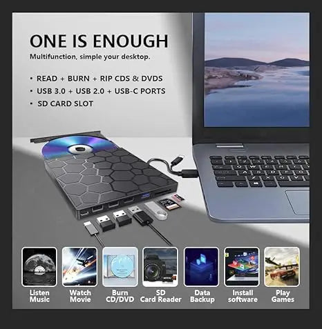 8-i-1 Extern CD/DVD – spela, bränn och spara filmer, musik och bilder