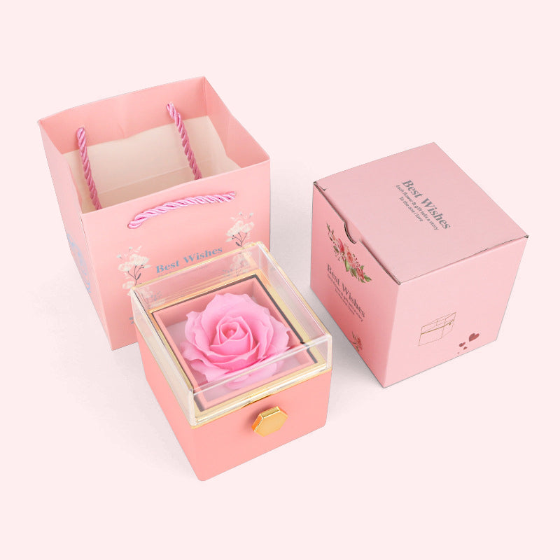 Alla Hjärtans Dag Ros Presentask Färg Roterande överraskning Ring Halsband Smyckeskrin